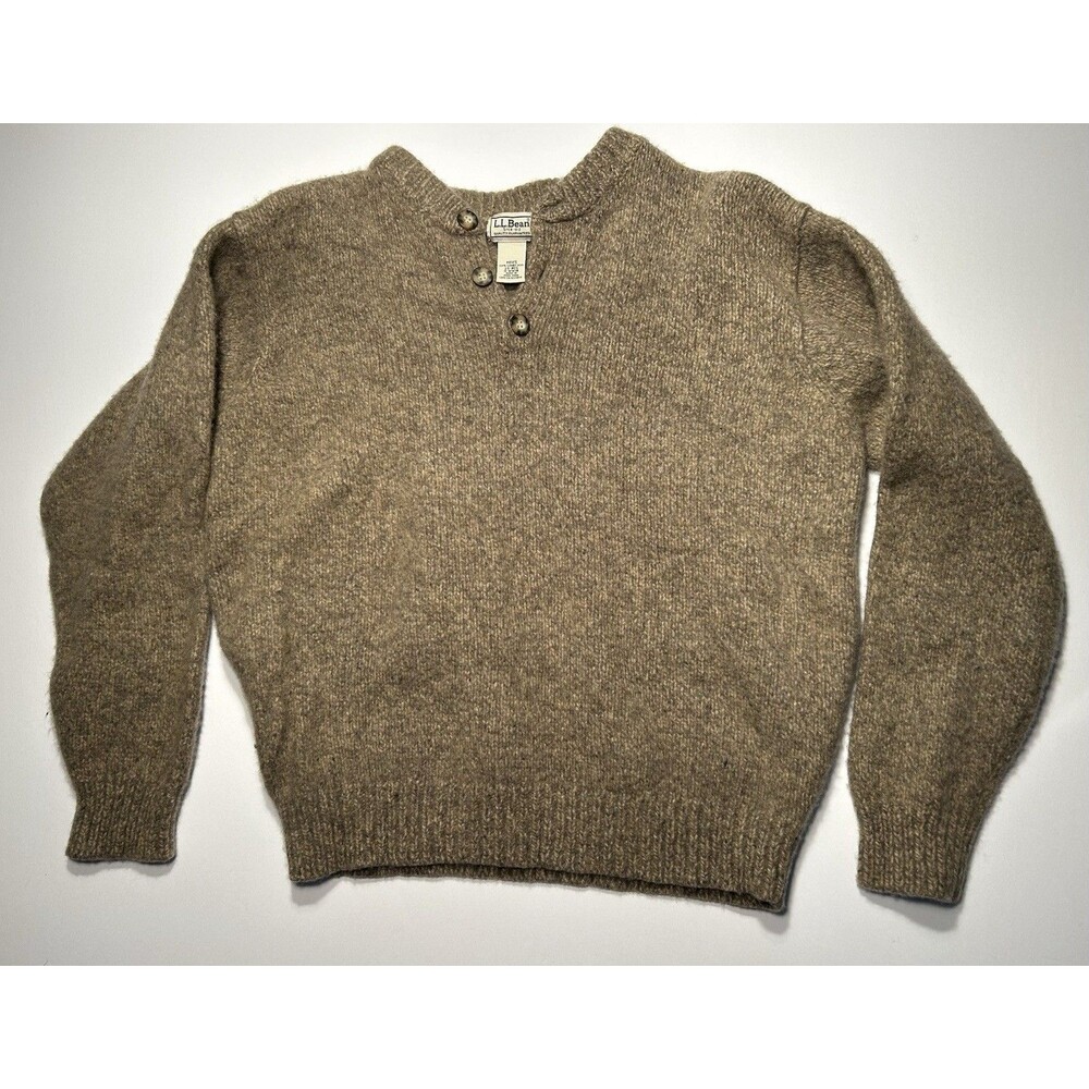 LL Bean Mens Beige 100% Lambs Wool Henley Sweater Brown Shrank Tagged L Fits S/M